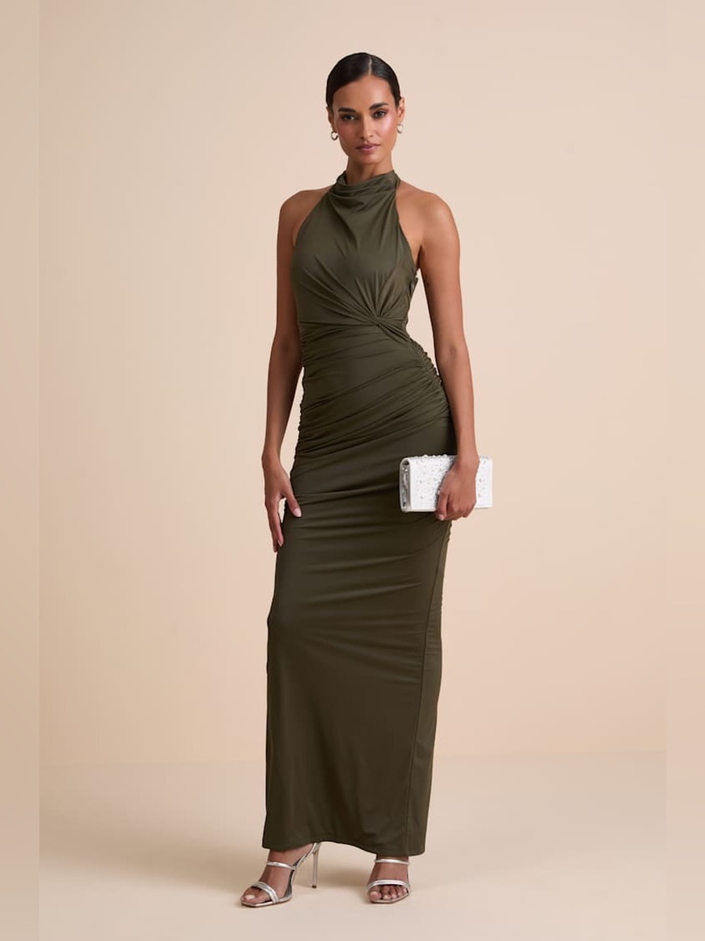Lulus Seraiah Olive Green Knotted Ruched Halter Maxi Dress New with Tags Medium